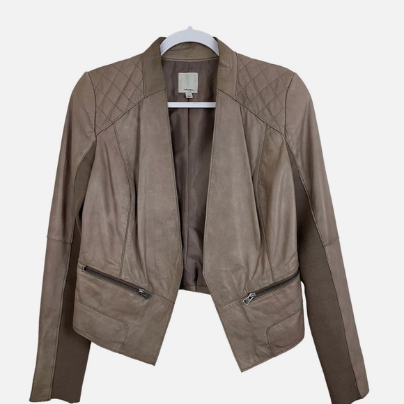 Halogen Leather Crop Jacket -Small Taupe Tan Moto Quilted Knit Stretch Sleeves - Picture 2 of 6